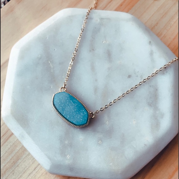 18K Gold & Dusty Blue Druzy Stone Minimal Necklace - Picture 2 of 2